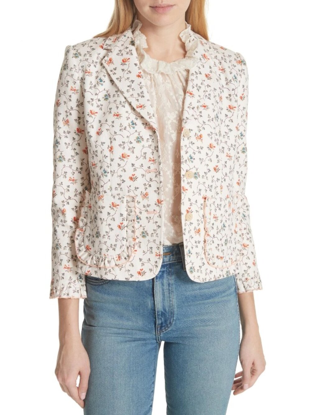 Rebecca Taylor Vine Twill Floral Print Blazer Jacket Ivory Cream Size 8